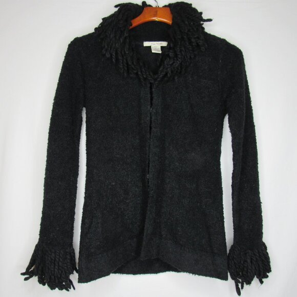 Free People Black Boucle Fringe Cardigan Sweater Hidden Hook Women's M Medium - Picture 6 of 9